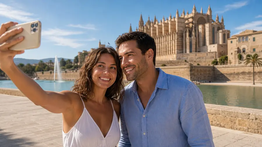 Ein Paar macht ein Selfie vor der Kathedrale von Palma