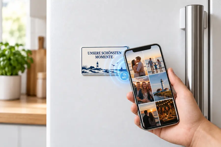 Eine Hand hält ein Handy an eine PhotoCard an der Kühlschranktür; auf dem Bildschirm öffnet sich das Fotoalbum