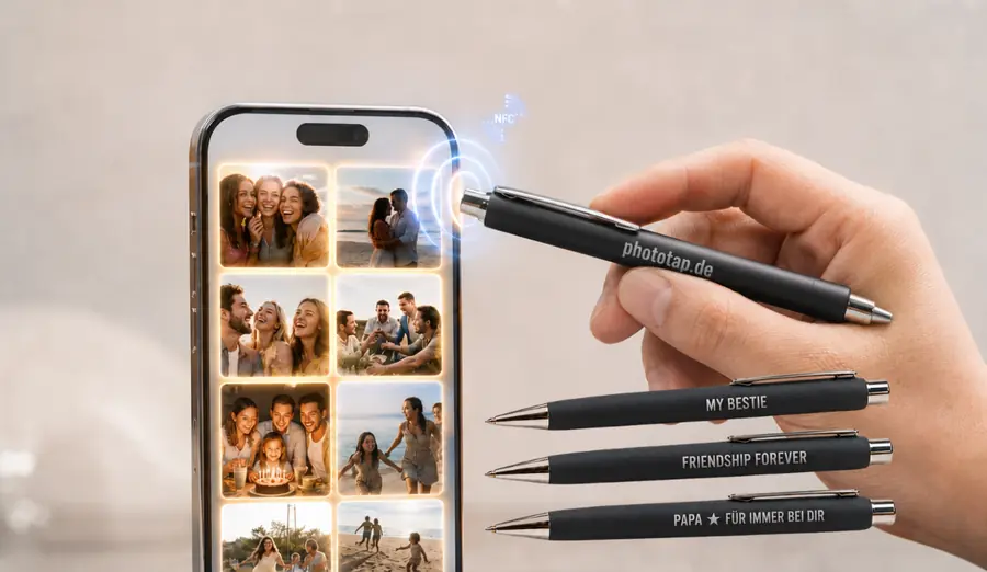 Eine Hand hält einen PhotoPen an ein Handy, auf dem sich das Fotoalbum öffnet; darunter drei Stifte mit Gravuren